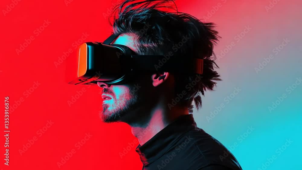 Poster man explores virtual reality with headset and glitch effects generative ai