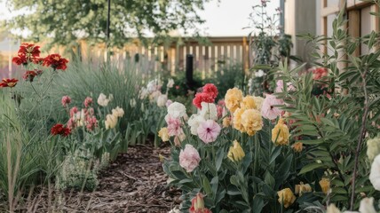 Fototapeta premium Colorful flower garden in full bloom during late afternoon sunlight