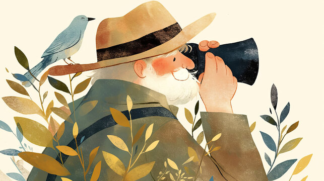 Elderly explorer with a bird perched on his hat, gazes through binoculars, surrounded by foliage