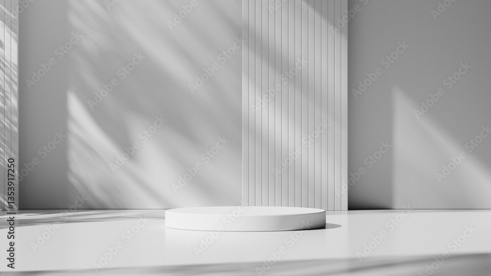 Poster minimalistic white podium with soft shadows, perfect for product display in modern studio setups.