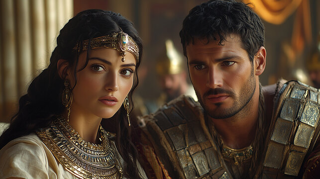 Cleopatra and Mark Antony in an Intimate Discussion in a Roman Villa