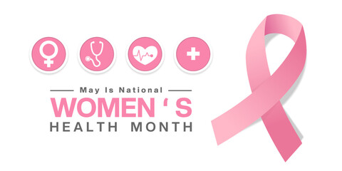 May is National Womens Health Month. Gender icon, stethoscope, heart, plus icon and ribbon. Suitable for posters, banners, social media and more. White background.