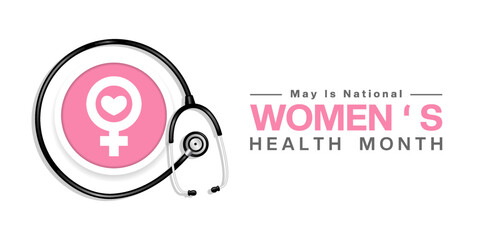May is National Womens Health Month. Gender icon, heart and stethoscope. Suitable for posters, banners, social media and more. White background.