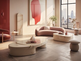 Luxurious apartment with classic interior design, showcasing a modular sofa, elegant decor, soft lighting, and a sophisticated, comfortable ambiance