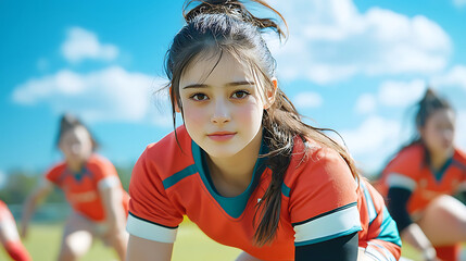 young female athlete orange sports uniform is focused and determined while practicing sunny day. vibrant blue sky and fluffy