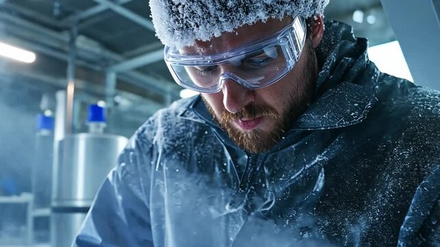 Extreme Cold Work: A focused professional in a cryogenic facility, encased in frost and specialized protective gear, diligently works amidst high-tech equipment