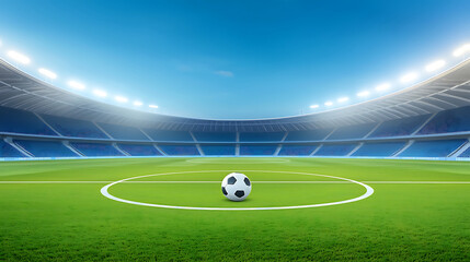 vibrant soccer field with ball at center, surrounded by empty stadium seats under clear blue sky