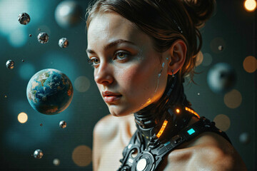 Naklejka premium Woman with Earth and Cybernetic Elements in Space