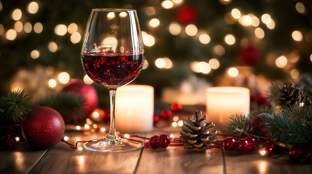 National Wine Day, Red wine glass with candles and festive decorations in the background, creating a cozy ambiance. AI Generated Images