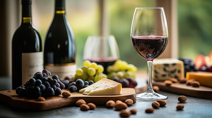 National Wine Day, Wine bottles and a glass filled with red wine accompanied by grapes and cheese on a wooden board. AI Generated Images