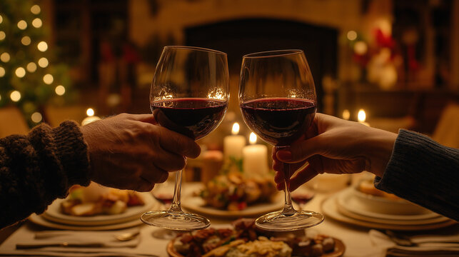 National Wine Day, Two glasses of red wine clinking together in celebration, with festive meal in the background. AI Generated Images