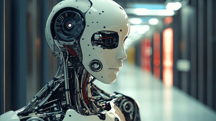 Fototapeta premium AI-driven future meets sleek design in this captivating image of a humanoid robot exuding futuristic innovation