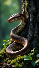 Colossal snake coiled around a tree trunk, animal, snake