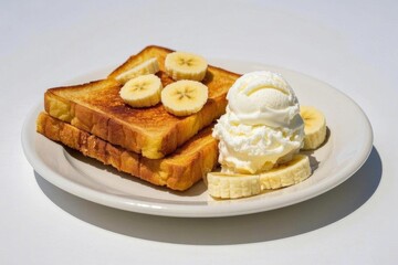 French Toast with Fresh Banana Slices and Creamy Vanilla Ice Cream for Sweet Indulgence