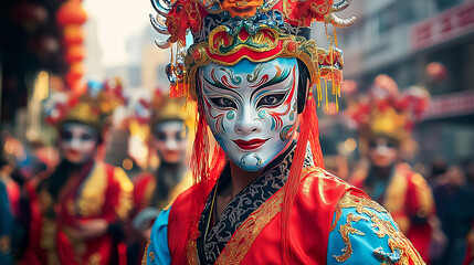 Tin Hau Festival, A performer with an elaborate face mask and costume during a traditional festival celebration. AI Generated Images