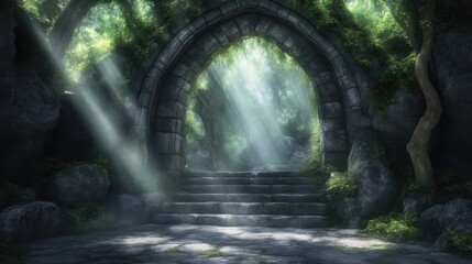 Obraz premium Ancient stone archway leading to a sunlit forest. Lush greenery, moss-covered stones, and sunlight filtering through the trees