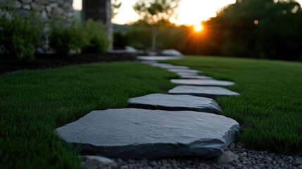A stone pathway winds through a lush, green lawn, leading to a sun-drenched landscape.  Soft light bathes the scene as the sun sets