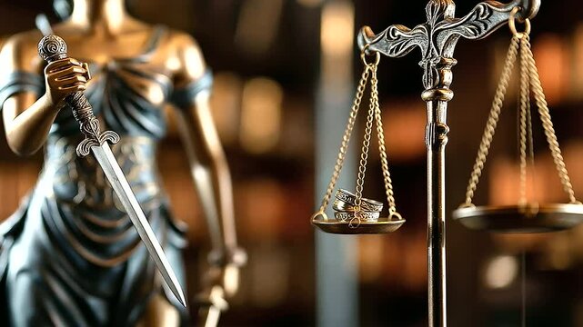 A dramatic image of Lady Justice gripping her sword tightly while her scales balance wedding rings on one side and legal documents on the other, representing fairness in divorce ca