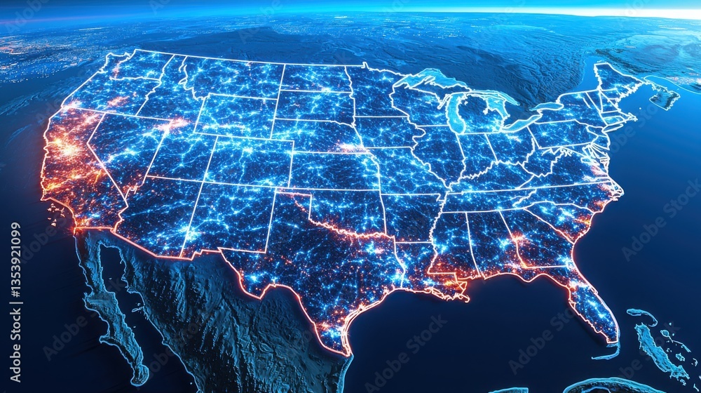Poster map of the united states highlighted in red lights depicting ai-driven macroeconomic growth forecast