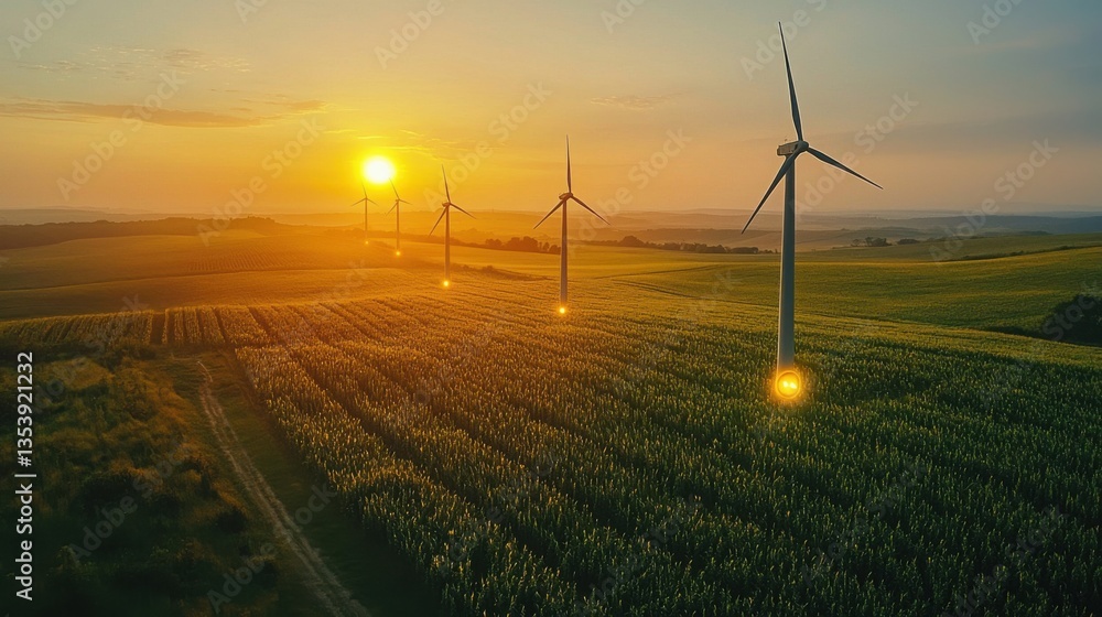Poster expansive field of wheat with wind turbines in the background representing ai-driven renewable energ
