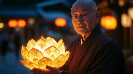 Lotus Lantern Festival, Elder holding a glowing lotus lantern with soft lighting in the background, during a traditional festival celebration. AI Generated Images


