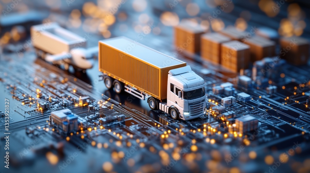 Poster miniature semi-truck and airplane navigating a circuit board representing the connection between glo