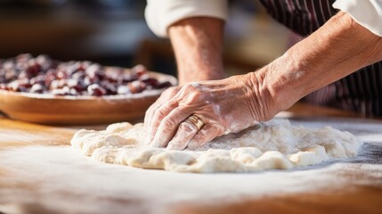 Fototapeta premium Hands Kneading Dough on Wooden Table with Bowl of Berries Nearby, Culinary Preparation