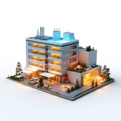 Stylish contemporary high-rise hotel featuring a pool surrounded by lush palms trees. Miniature resort building isolated on white background