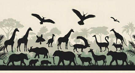 Animals Silhouette Scene Wildlife Background with Giraffe Elephant and Birds