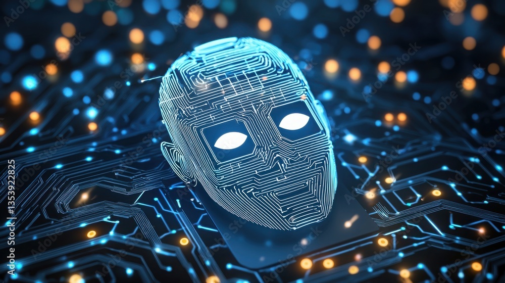 Poster close-up of a robot head resting on a circuit board with intricate details highlighting the technolo