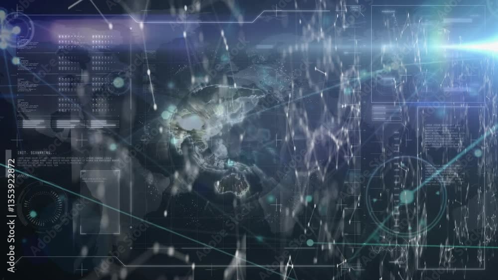 Poster animation of earth globe with futuristic digital interface processing data