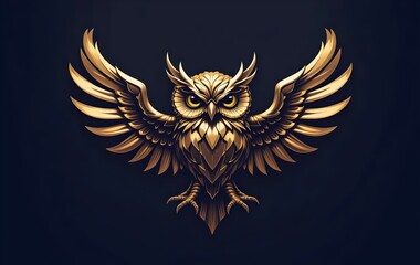 an illustration of a 3d metallic gold owl logo, metal, golden, jewelry, bird,  luxury, elegant, shiny, premium, symbol, mascot, brand, stylish, modern, chic, sophisticated, refined, artistic, emblem