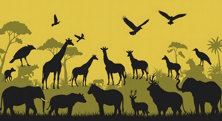 Silhouette Animals Group in Savannah Plain Graphic Wildlife Scene
