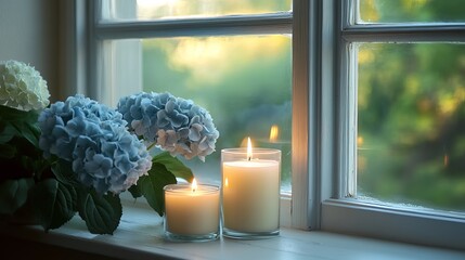 Lit Candles and Hydrangeas on Windowsill – A Cozy, Serene Ambienc