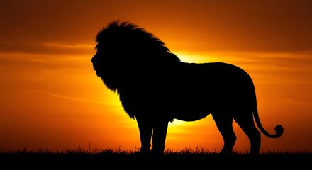 Lion Silhouette Standing Tall Against a Vivid Orange Sunset in Africa
