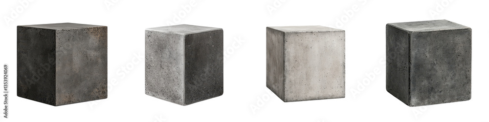 Poster a set of four identical concrete cubes stacked in a minimalist geometric arrangement showcasing the 
