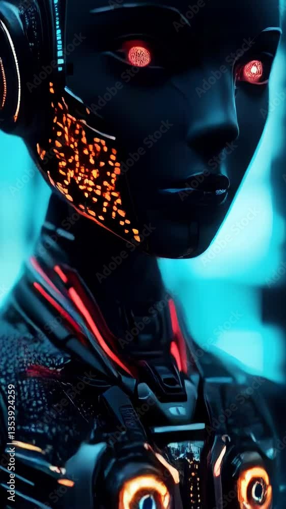 Aufkleber futuristic humanoid robot with glowing features stands in a digital environment at a tech showcase e