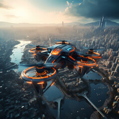 A futuristic drone flying over a cityscape.