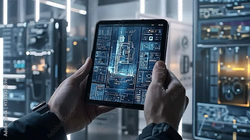 Poster mobile device shows security camera feed in modern control room generative ai