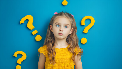 Confused girl on blue background. Yellow question marks next to the child