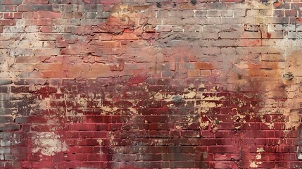 An abstract design featuring a textured brick wall in weathered red and brown tones.