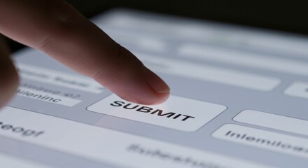 Finger pressing submit button on digital screen for online submission process