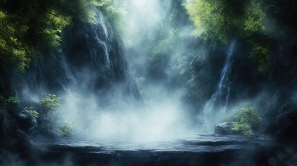 Mystical rainforest valley bathed in ethereal light. Lush foliage, cascading waterfalls, and misty atmosphere create a serene and magical scene