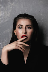 Woman with evening makeup, red lipstick, glamorous makeup look, beauty portrait, elegant evening...
