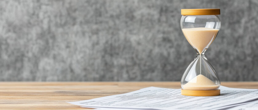 hourglass sits on tax documents symbolizing approaching deadline