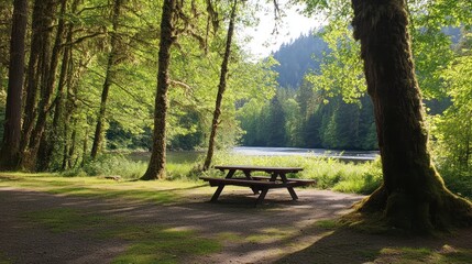 Idyllic riverside picnic area surrounded by lush greenery, trees, and clear water