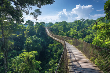 Fototapeta premium Nature trail through a tropical jungle with a wooden pathway surrounded by green foliage