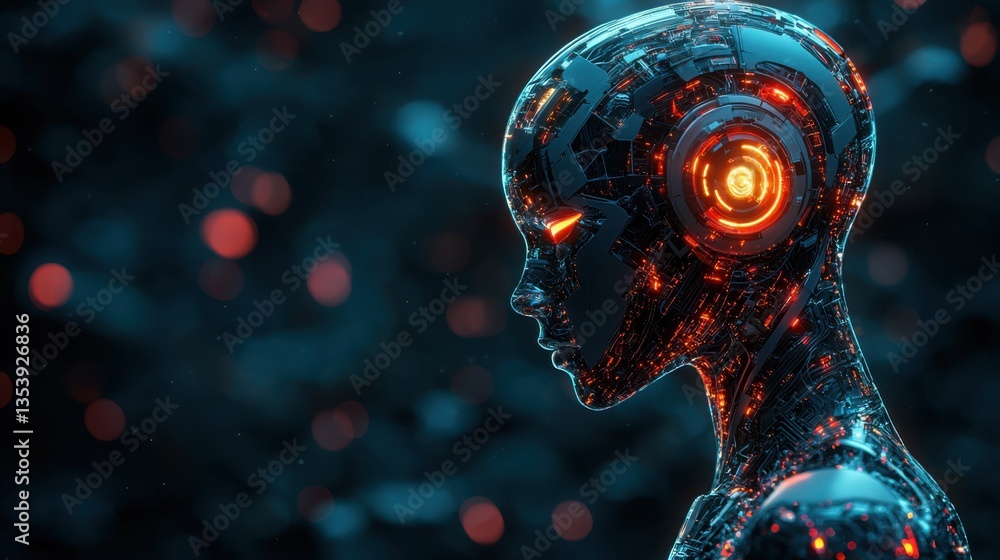 Poster robot with glowing eyes representing the future of data ethics and the importance of responsible ai 
