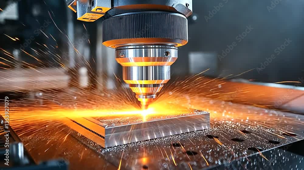 Poster a precision lathe machine shaping a solid block of metal, with sparks flying as it carves intricate 