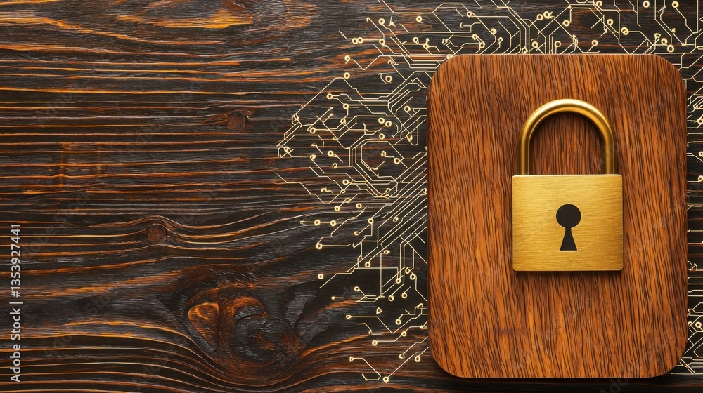 Poster padlock resting on a wooden background symbolizing data privacy for smart cities and urban security 